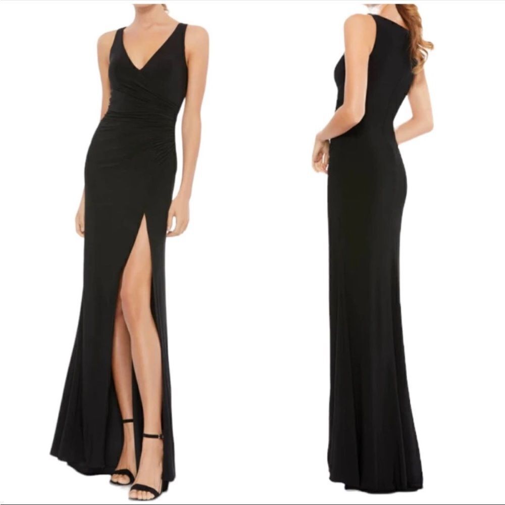 Mac Duggal High Slit Faux Wrap Dress Sleeveless Ruched V-neck Black size 6 NWT